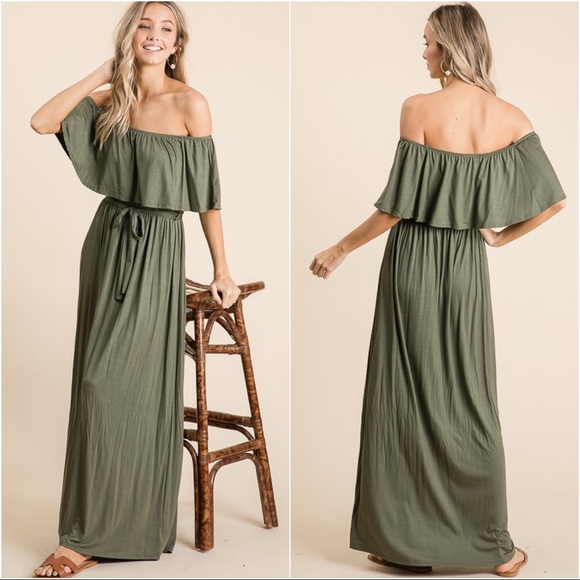 MAKING HEADLINES OFF SHOULDER MAXI DRESS-OLIVE - Picture 5 of 5